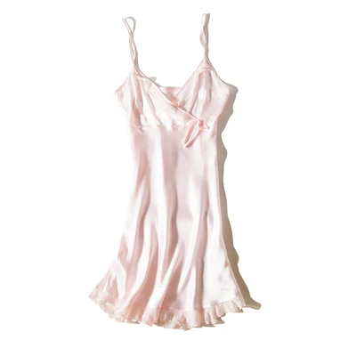 Сексуальный Чистый 19 м тяжелый Шелковый ремень ночная рубашка для женщин сплошной цвет базовое платье тутовое шелковое ночное белье M L XL XXL - Цвет: LIGHTPINK DQ1803