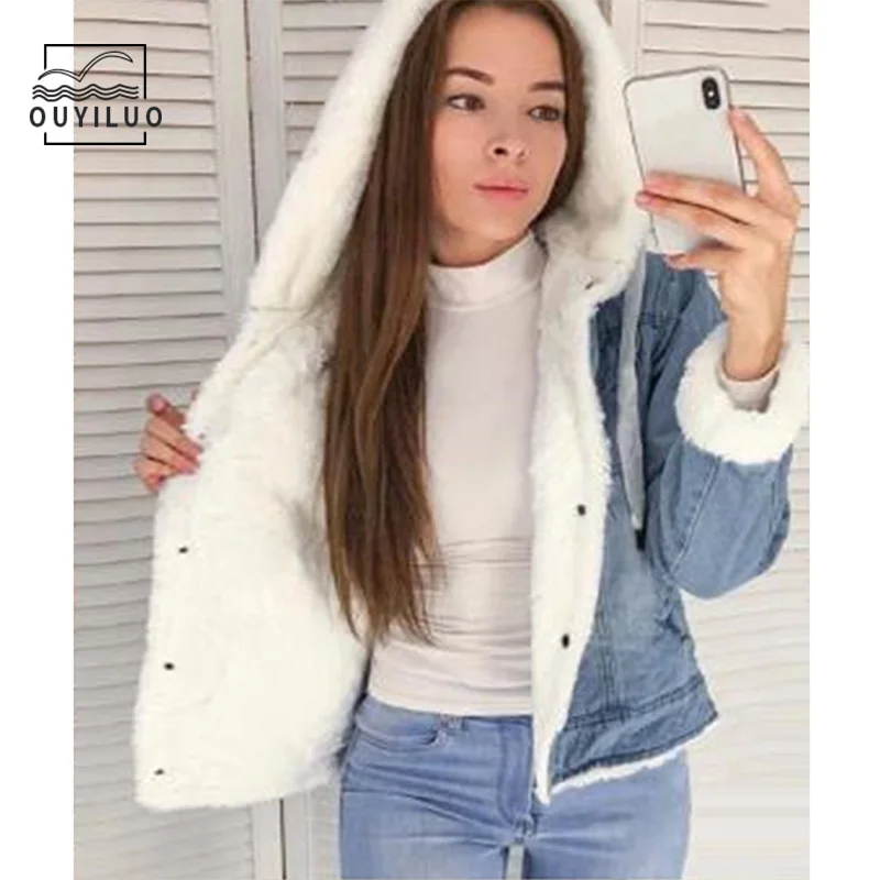 Denim Coat Loose Fleece Lalambswool Hooded Jacket Cotton Overcoat for Women Light Blue Spring New Style Casual Thick |