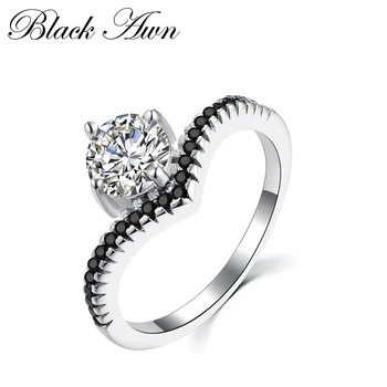 

Engagement Rings for Women Genuine 100% 925 Sterling Silver Jewelry Black&White Stone Round Bijoux Bague C222
