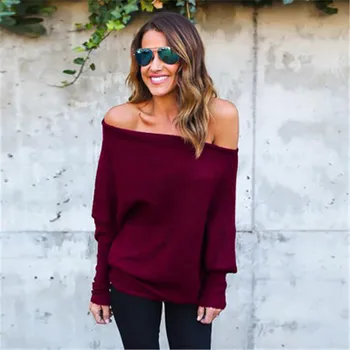 

Knit Pullover Sweater 2020 Spring Autumn Sexy Off-shoulder Bat Sleeve Women's Sweater Shirt Loose Lady Streetwear Large Size