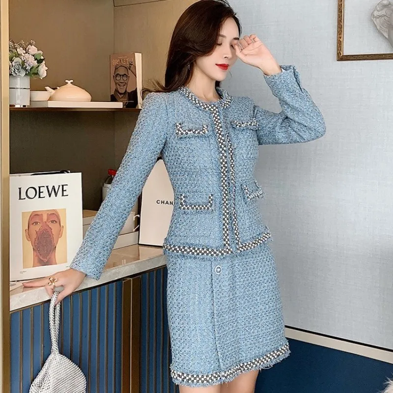 Mode Vrouwen Kralen Lovertjes Plaid Tweed Jas Mini Rok Tweedelige Sets 2020 Nieuwe O-hals Blauw Elegante Dames Rok Set S-L Mode Vrouwen Kralen Lovertjes Plaid Tweed Jas Mini Rok Tweedelige Sets 2020 Nieuwe O-hals Blauw Elegante Dames Rok Set S-L