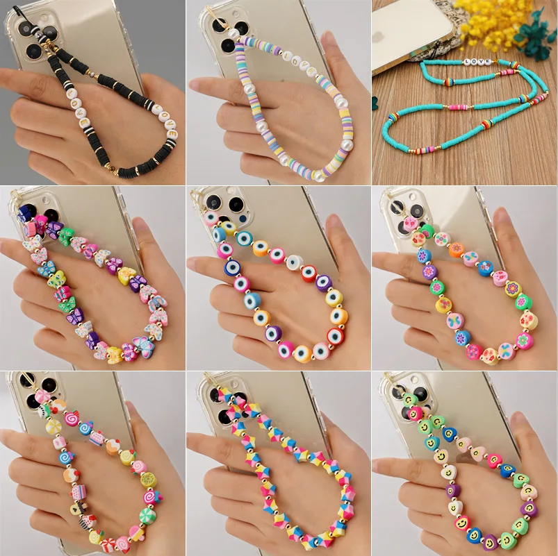 Colorful Smiling Beads Chain Phone Chain Lanyard Beads Mobile Phone Chain Anti-lost Handmade Acrylic Cord Lanyard for Women Gift 3 1628067770(1)