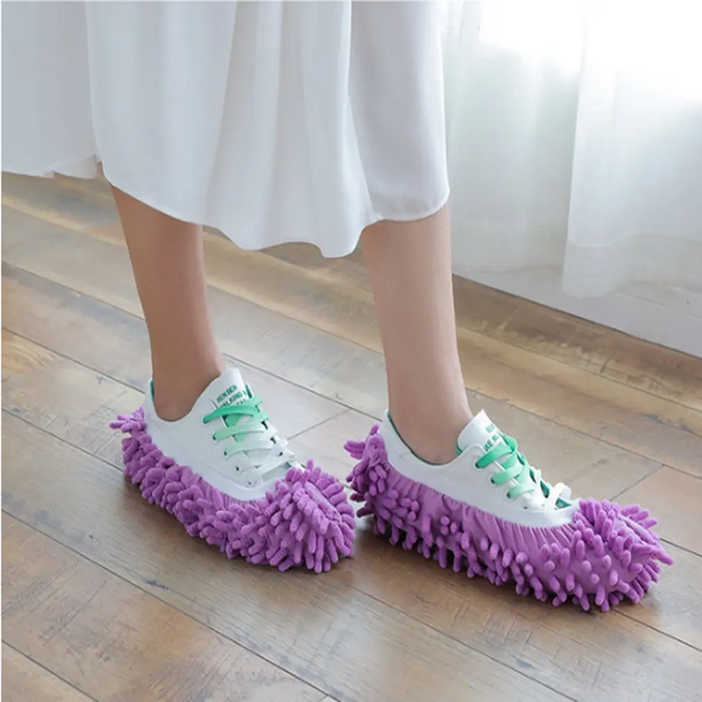 Многофункциональные тапочки со шваброй для пыли; Моющиеся Многоразовые носки для ног из микрофибры; инструменты для чистки пола; покрытие для обуви; горячая распродажа - Цвет: Фиолетовый