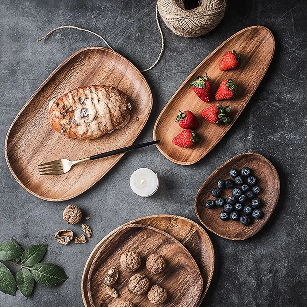 

Wooden Dishes Oval Solid Wood Pan Plate Fruit Dishes Saucer Tray Dessert Dinner Plate Storage Tray Tableware Salad Plate Bowl