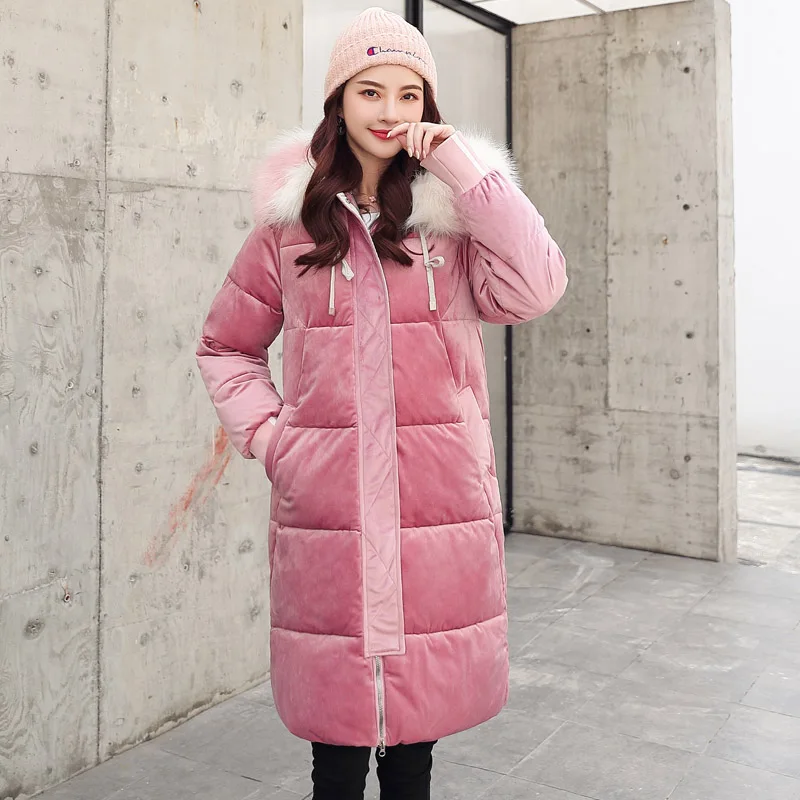 Высококачественная зимняя женская куртка из вельветовой ткани с капюшоном, Женская парка с меховым воротником, длинное теплое Свободное пальто - Цвет: Розовый