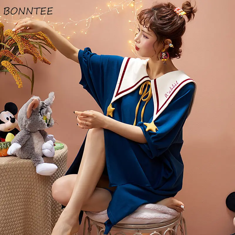 

Nightgowns Women Short Sleeve Sweet Summer Loose Lady Korean Style Sleepshirt Lovely 2XL Chic Popular Patchwork Sleepwear