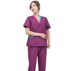 Medical Uniform Women Scrub Suit Color Blocking V Neck Scrub Top and Scrub Pants Hospital WorkWear Clothes Cotton Nursing Scrubs