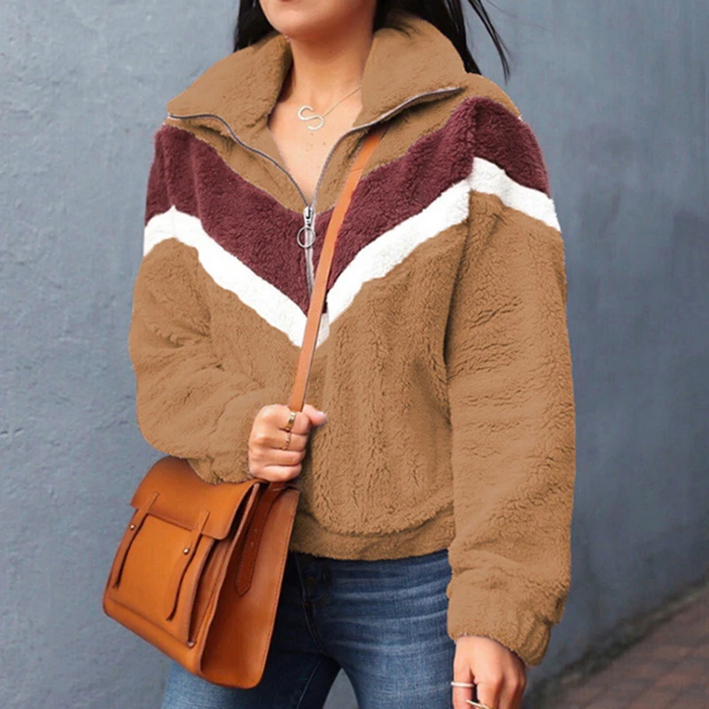 Koop Nadafair Casual Fleece Sweater Vrouwen 2019 Patchwork Zip Faux Bont Oversized Winter Fluffy Capuchon Vrouwelijke Plus Size Truien