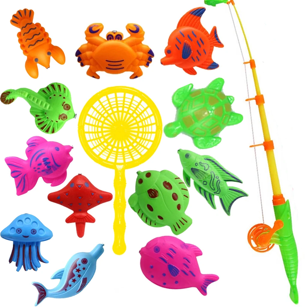 14pcs Set Magnetic Fishing Toy Game Kids 1 Rod net 12 3D Fish Baby Bath Toys Outdoor Fun |