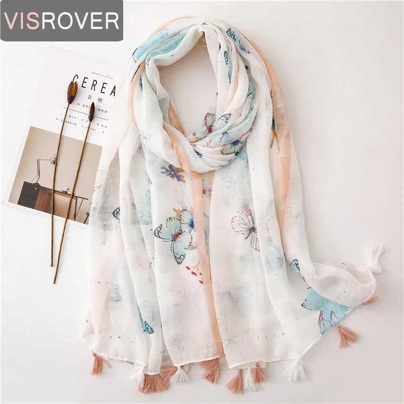 Visrover New Summer Tropical Beach Scarves Tourist Shawl Sequin Floral Print Scarf Hijab Women Scarfs With Tassel Wholesales | Аксессуары