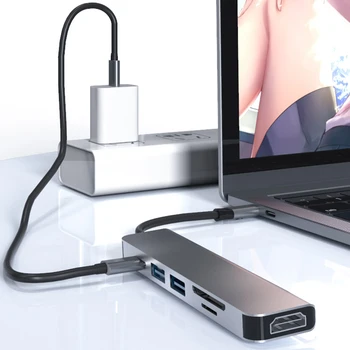 

6 in 1 Type-C HUB Converter HDMI 87W PD SD TF Adapter Aluminum Alloy 2 USB3.0 for Household Computer Accessories