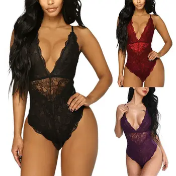 

Women's Mesh Sheer Fishnet Bodysuit Sleeveless Deep V-neck High Cut Leotard Lace Sexy Skinny Bodysuit Tracksuit