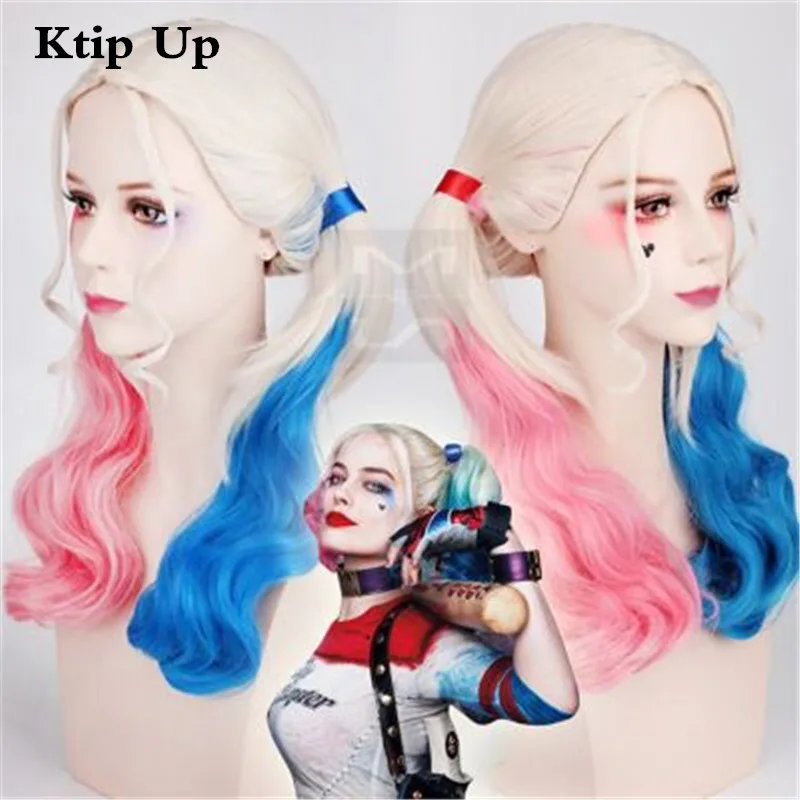 

Anime Movie Suicide Squad Joker Harleen Quinzel Wig Cosplay Costume Double Ponytail Synthetic Long Hair for Women Party Wigs