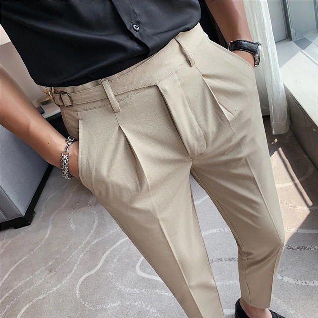 Calça social masculina de cor sólida, cinto formal de escritório, calça  social para homens, slim fit, 2021 - AliExpress