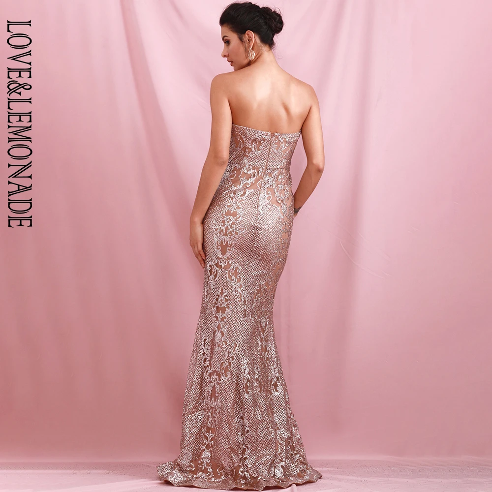 Платье макси LOVE & LEMONADE розовое золото без бретелек с геометрическим блеском