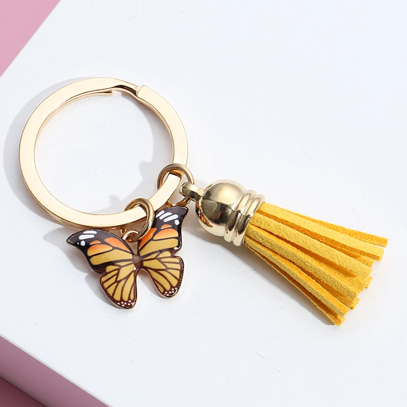 Cute Keychain Charms Colorful Enamel Butterfly Tassel Key Ring