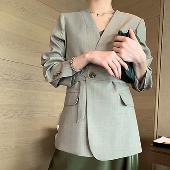 

Women's Small Suit blazer 2020 New Autumn Loose Casual pure color match suit jackets office lady long sleeve suit with belt XZ41