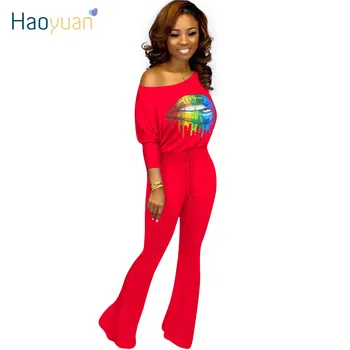 

ZOOEFFBB Lip Print Sexy Jumpsuit Batwing Sleeve Party Club Overalls One Piece Bell Bottom Flare Pants Rompers Womens Jumpsuit
