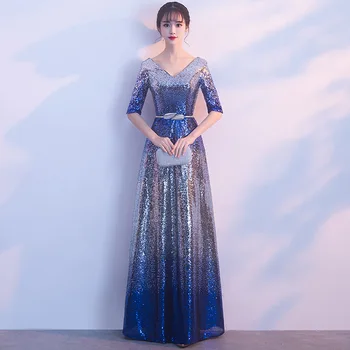 

Blue V-Neck Prom Dresses Gradient Color Elegant Women Evening Party Dress With Belt&Lace Up Luxury Half Sleeve Robe De Soiree