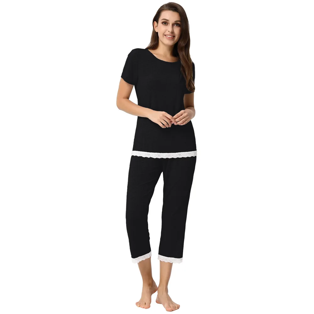 Women's 2pcs Set Comfy Modal Sleepwear Short Sleeve Tops+Cropped Pants summer comfortable stretch nightwear ladies Pajama sets