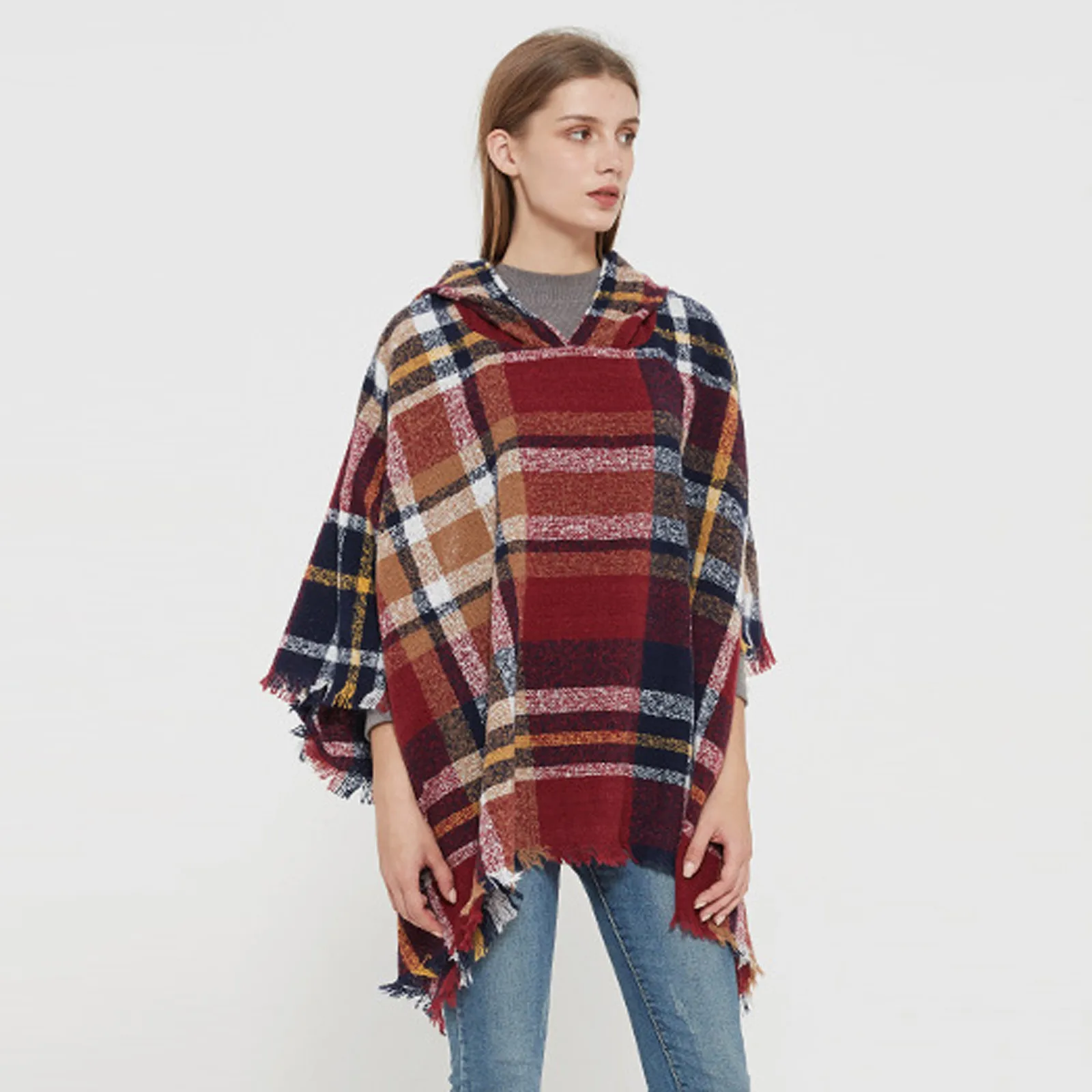 

Scarf For Women Winter Warm Fashion Long Shawls Wraps All-Match Large Scarves Kniting Hooded Cloak Tassel Plaid Scarf q5