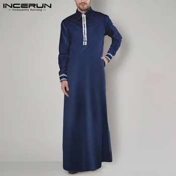 

INCERUN Muslim Kaftan Men Islamic Arabic Robes Long Sleeve Patchwork Turn-down Collar Elegant Fashion Men Jubba Thobe Abaya 2020