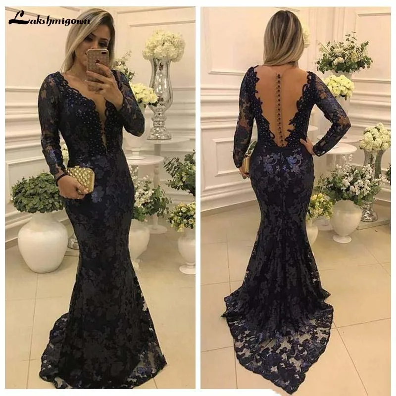 Lange Mouwen Navy Blue Moeder Van De Bruid Jurken Vintage Lace 2020 Moeder Formele Avond Party Jurken Maxi Jurk Lange Mouwen Navy Blue Moeder Van De Bruid Jurken Vintage Lace 2020 Moeder Formele Avond Party Jurken Maxi Jurk
