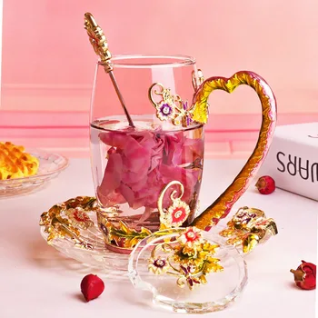 

Beauty And Novelty Enamel Coffee Cup Mug Flower Tea Glass Cups for Hot and Cold Drinks Tea Cup Spoon Set Perfect Wedding Gift