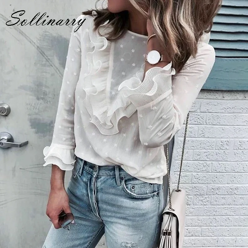 Sollinarry Casual Ruffle Polka Dot ladies blouse shirt Women 2020 Spring Summer Vintage boho clothing chemise femme OL Plus Size |