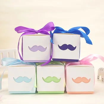 

5.8*5.8*5.8CM Cute Moustache Hollow Out Candy Box With Ribbon Baby Birthday Shower Party Gift Box