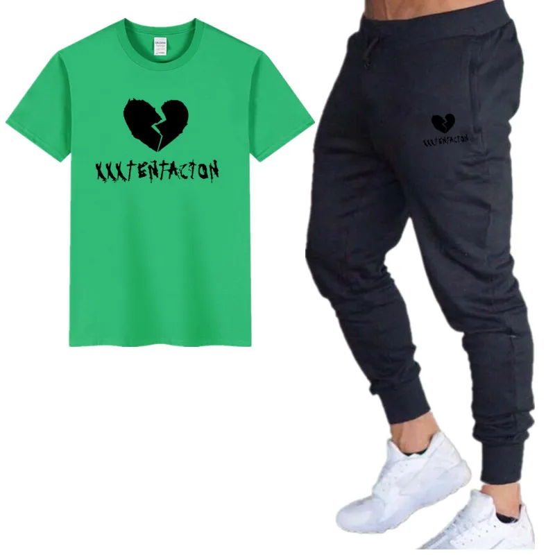 25green black Новая мода XXXTentacion спортивный костюм и футболка комплект Мужская футболка s+ брюки мужской летний спортивный костюм мужские повседневные брендовые футболки - Цвет: 25green black
