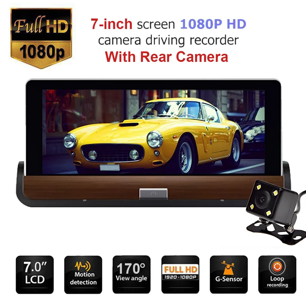 В продаже Full Hd 1080p автомобиль DVR камера с видеозаписью с 7,0 дюймовым g-сенсором Tou-ch экран 170°широкоугольный объектив# P40