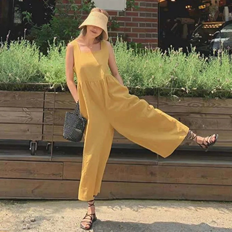 LANMREM 2020 New Summer Solid Color Square Collar Sleeveless Sling Jumpsuit Women Korea Loose Cotton Linen Clothing Tide PF424 LANMREM 2020 New Summer Solid Color Square Collar Sleeveless Sling Jumpsuit Women Korea Loose Cotton Linen Clothing Tide PF424