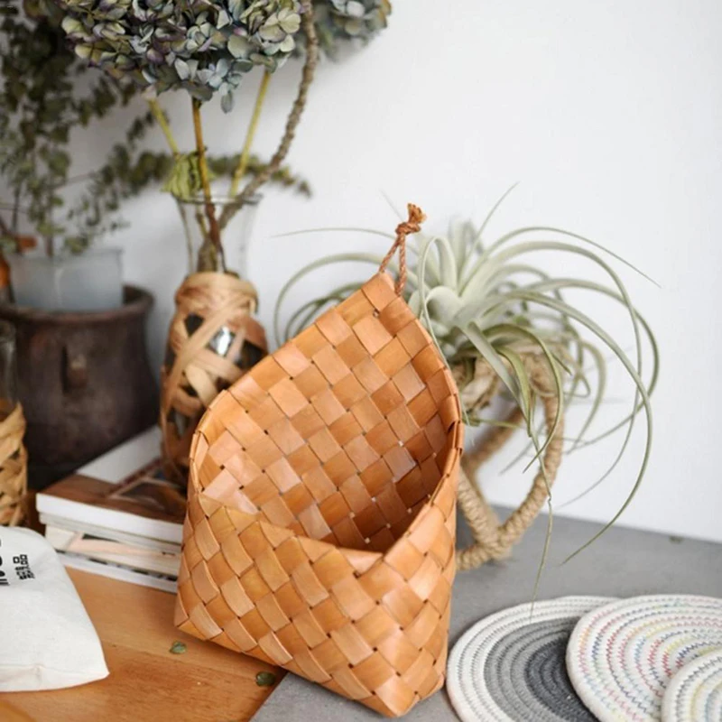 Hanging Wicker Basket Hand-Woven Wood Storage Basket Portable Wall Hanging Flower Fruit Basket Organizer Rattan Box Home Decor 4