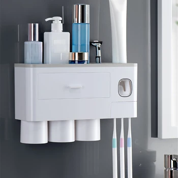 

2/3/4 Cups Bathroom Accessories Set Toothbrush Holder With Drawer Toothpaste Dispenser Punch Free Cosmetic Storage Shelf Rack