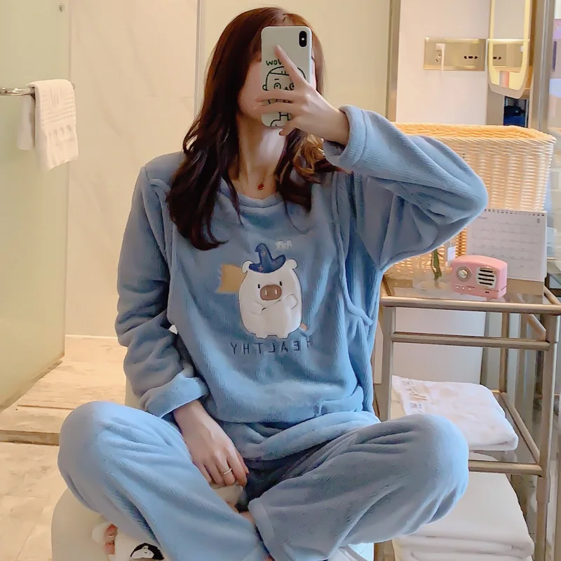 RYT 9hao 803lan RN-9 Winter Cartoon Coral Fleece Maternity Cothing Womens Flannel Nightwear Pregnant Pajamas Sets Nursing Sleepwear Suit - Цвет: RYT 9hao 803lan