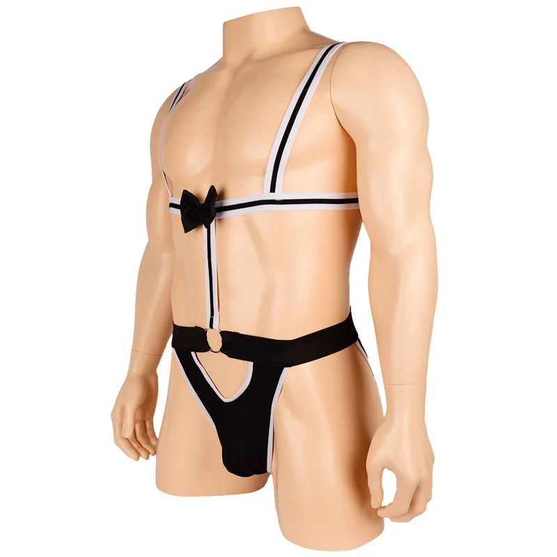 Muscle Men Open Butt Erotic Waiter Teddies Bodysuit Singlet Suspender Thong Bow Tie Underwear Lingerie