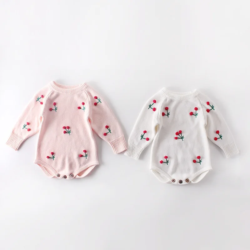 Koodykids/весенне-осенние Розовые боди для маленьких девочек; детский трикотажный комбинезон; вязаная одежда для малышей; вязаный детский комбинезон с вишнями; 2 года