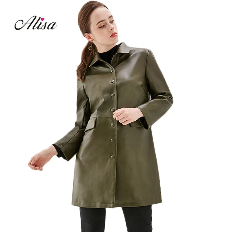 Модная женская Средняя Длинная кожаная куртка 2019 Новинка весна осень тонкий плюс