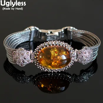 

Uglyless Real Natural Amber Beeswax Bracelets for Women Big Size Gemstone Bracelet 925 Silver Floral Bangle Ethnic Jewelry BR294