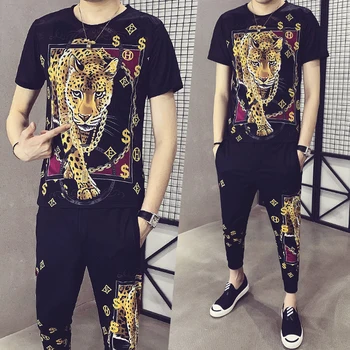 

Animal Print Short Sleeve T Shirt High Quality Tracksuit T Shirt + Pant Two Piece Set Men Slim Fit Outfits Men Set Ropa Hombre