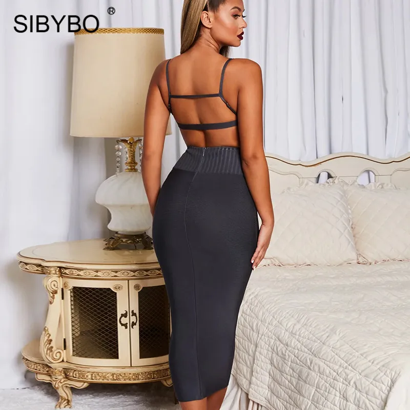 Sibybo Backless Ribbed Sexy Two Piece Set Dress Women Sleeveless Bandage Summer Bodycon Dress High Waist Beach Club Party Dress