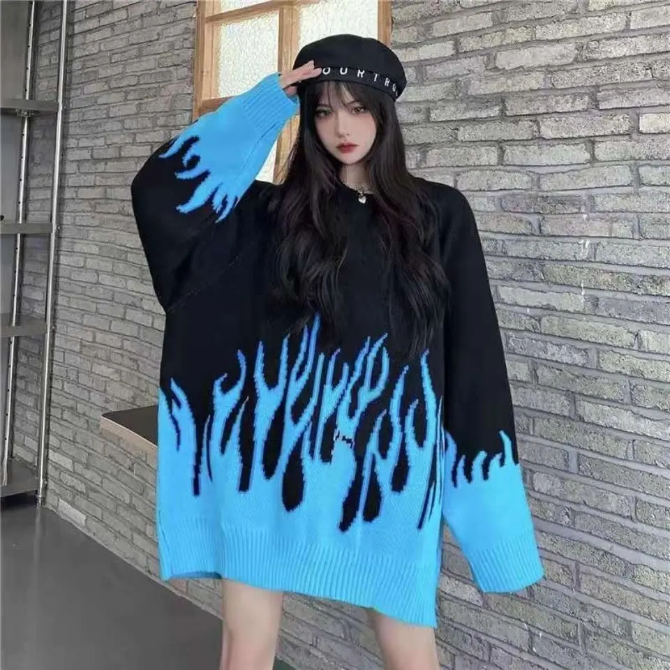 2021 spring new round neck loose sweater female flame jacquard color matching ins net red hot selling A077 | Женская одежда