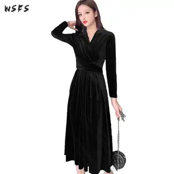 

Spring Dress Women Elegant Velvet Korean Dresses Slim Vintage Bandage Bodycon Black Big Size Sexy Party Midi Aline Long Clothes