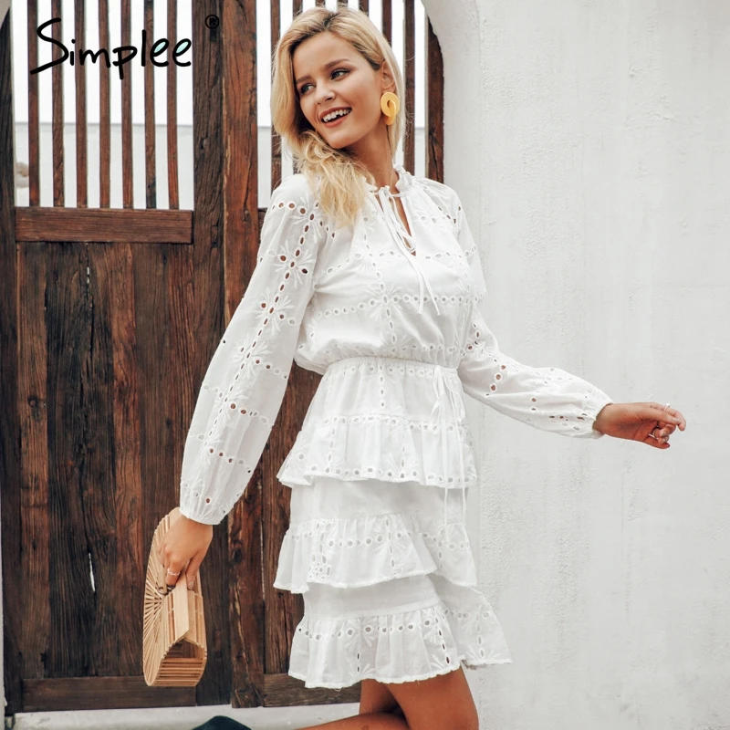Летнее белое платье Simplee для женщин элегантное с дырочками оборками и вышивкой