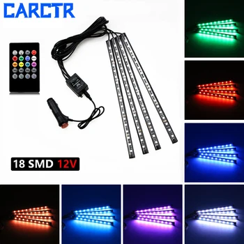 

CARCTR 7 Colors LED Lights Strip Sound Control RGB Colorful Car Interior Led Lights Remote Car Decorative Lamps 12V 15W 4Pcs