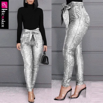 

Women Glitter Sequins Belted Skinny Pants High Waist Bodycon Slim Glitter Sparkly Shining Chic Pants
