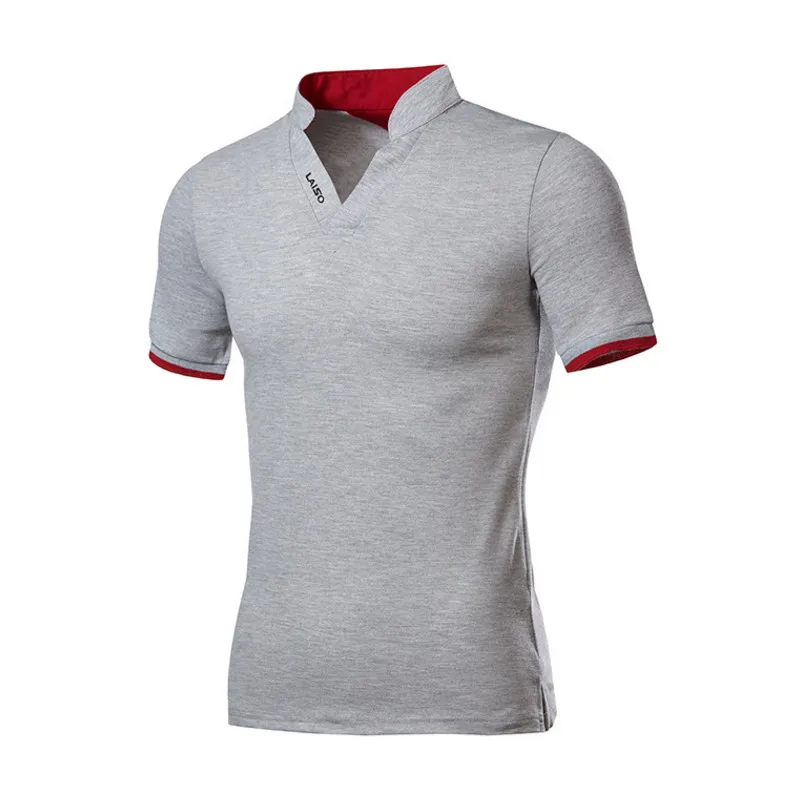 Light grey Летняя новая модная мужская рубашка поло, хлопковая Повседневная рубашка поло с коротким рукавом и стоячим воротником, однотонная мужская рубашка поло с v-образным вырезом - Цвет: Light grey