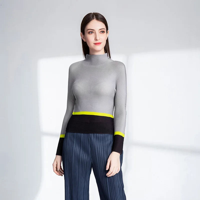 Модная новинка; модная плиссированная одежда с воротником-хомутом и индивидуальным принтом; Женская эластичная футболка с длинными рукавами; Vestido; YF397 - Цвет: silver gray