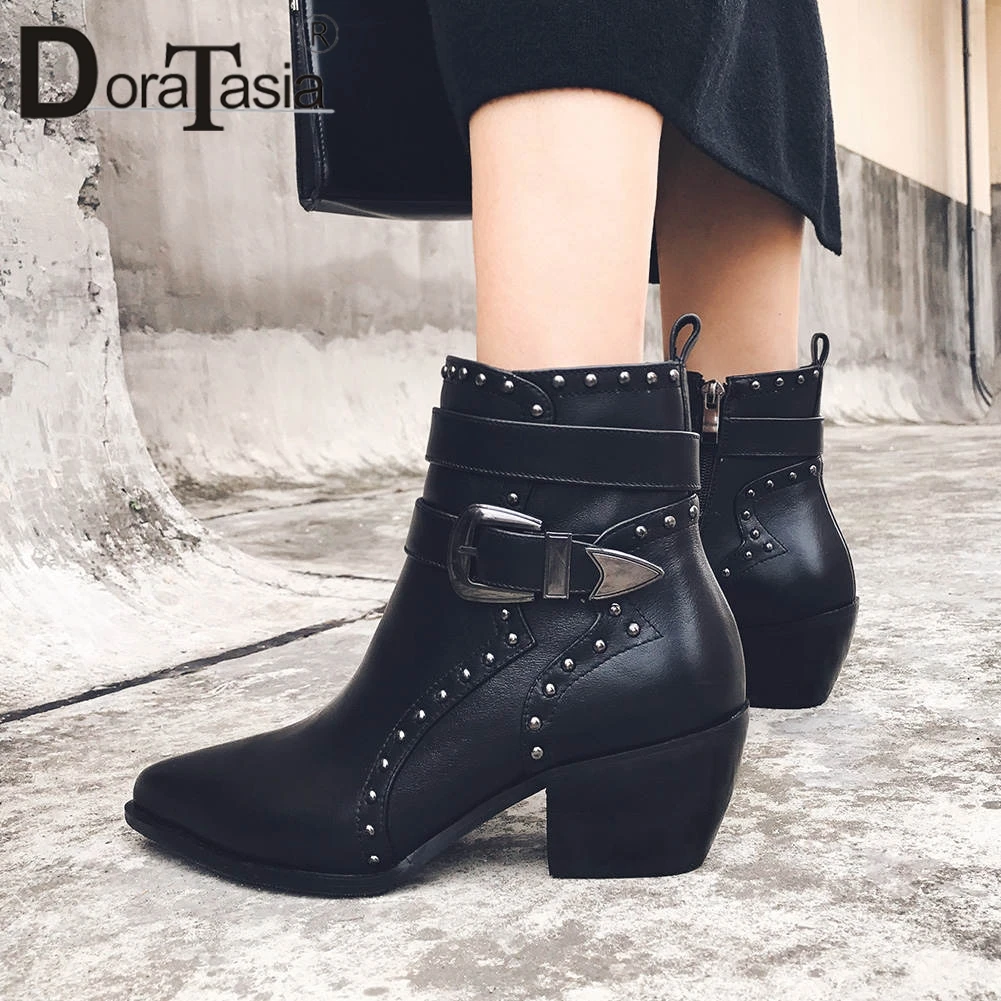 

DORATASIA Brand Genuine Leather Pointed Toe Cowboy Booties Ladies Wide Heels Rivet Belt Buckle Shoes Woman Ankle Boots Women